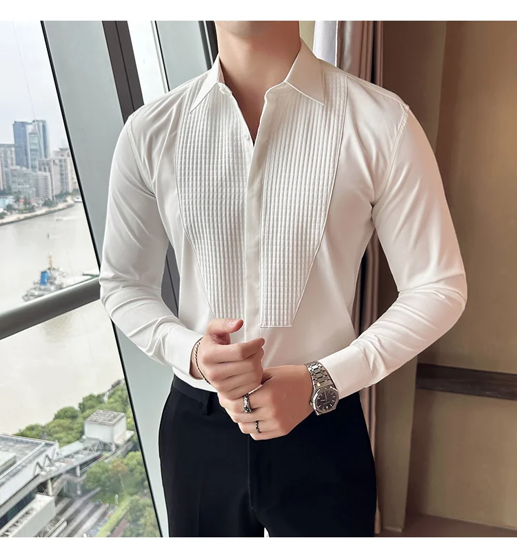 Men Tuxedo Dress Shirt Slim Fit Groom Wedding Long Sleeve Shirt White Men's Patchwork Designer Luxury Black Prom Blouse Autumn