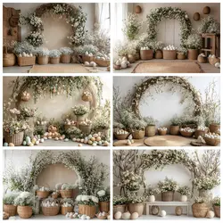 Spring Easter Photography Backdrop Boho Arch Door Flower Egg Rabbit Bunny Kid Birthday Party Happy Easter Photo Background Decor