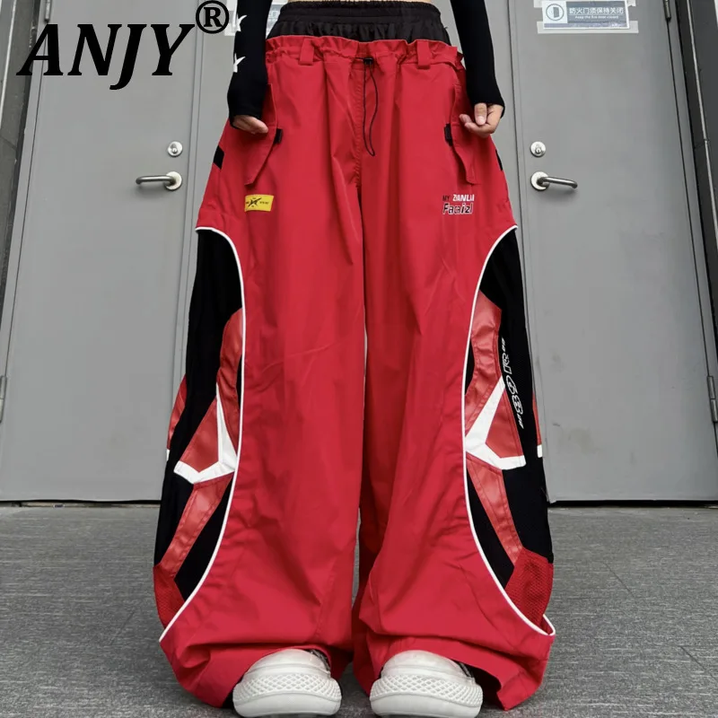 ANJY Spring Autumn New Women Stylish Moto Biker Color-Block Patchwork Leather Cargo Pants Trendy Loose Double-Waisted Ins A22530