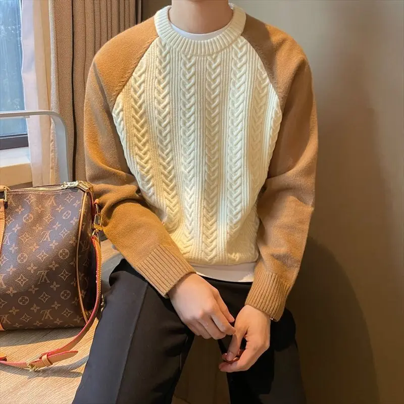 

Men's Color Block Knit Sweater Korean Style Versatile Warm Casual Round Neck Top Autumn Winter Tops