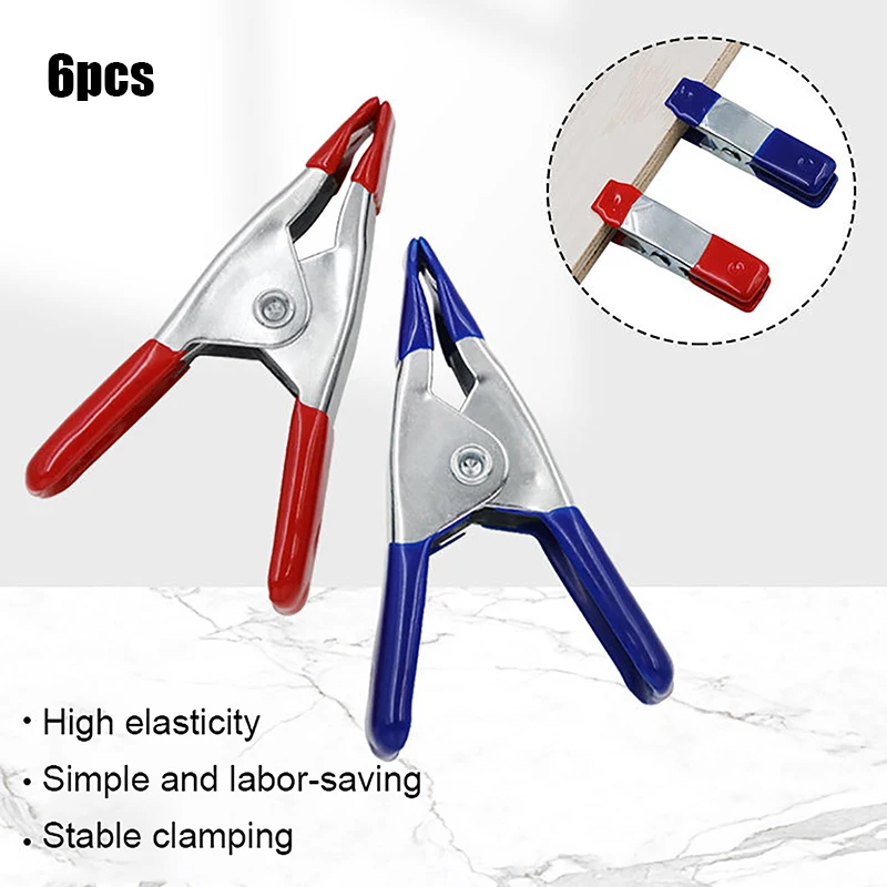 

6Pcs 2" Mini Metal Heavy Duty Spring Clamps Crocodile Clip Red Blue Plastic Clips For Woodworking Electrician Fix