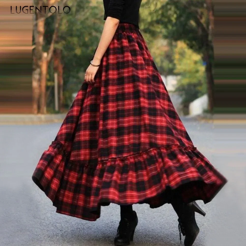 Large Size Maxi Skirts Women Plaid Printing Ruffle Stitching Big Swing High Waist Autumn New Fashion A-Line Skirt