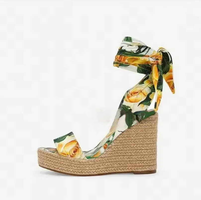 

Green Leafs Yellow Rose Floral Silk Ribbons Bandage Wedges Sandals Women Weave Braided Platform Espadrilles Summer Zapatos Mujer