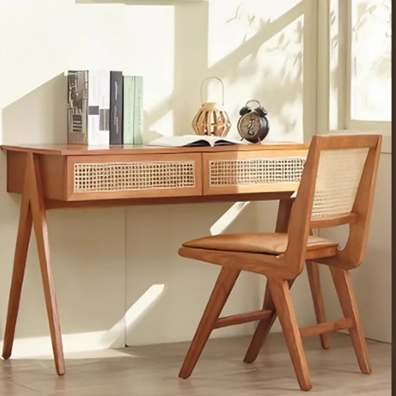 Solid wood study table Household small apartment rattan desk Bedroom simple integrated computer desk