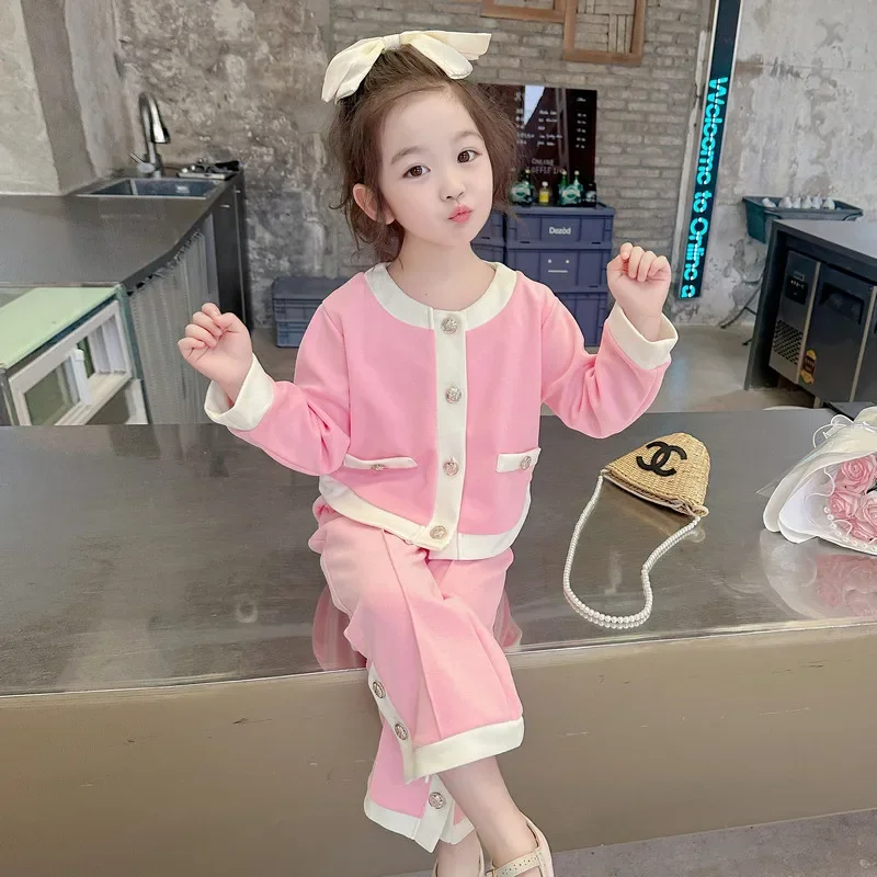 

Childrens Sets Girls Wide Leg Pants Suit Spring New Fashionable Children Causal Two Piece 2024 Round Collar Button