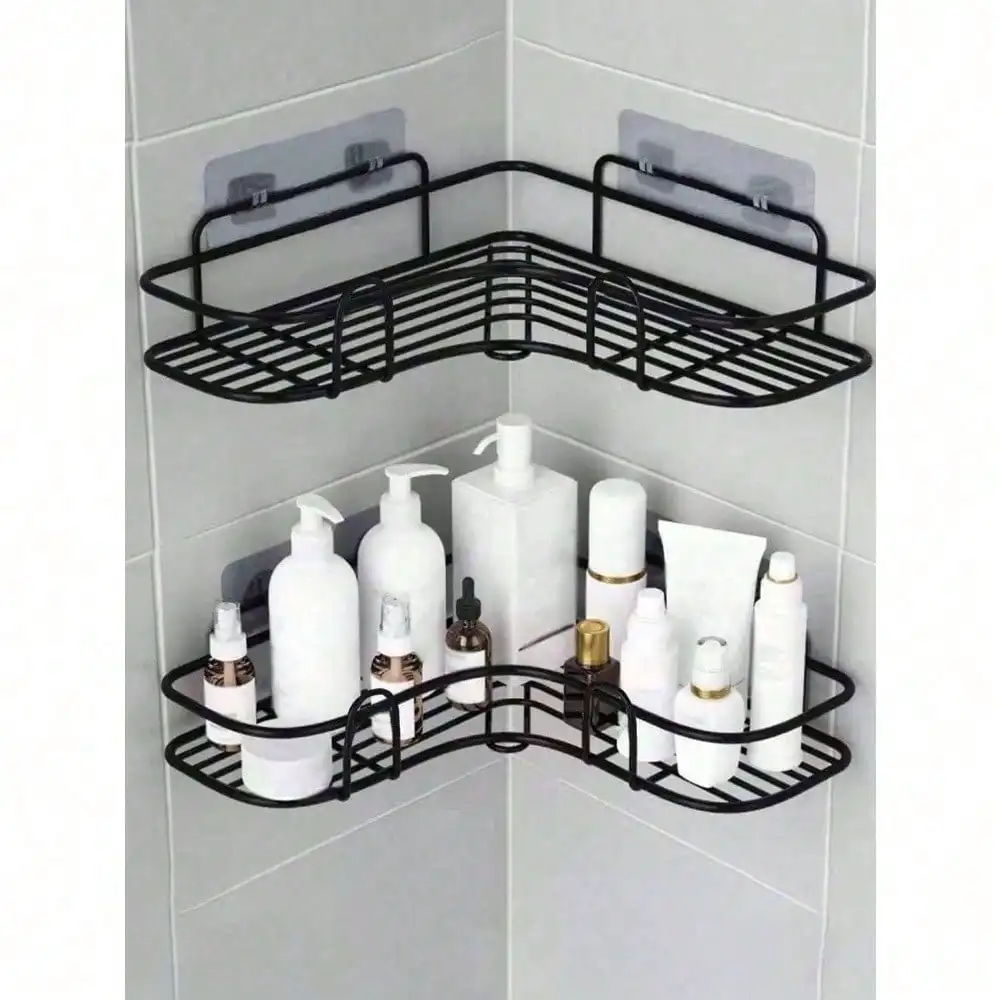 

1PC Bathroom Shelf: Black Triangle/Rectangle, Self-Adhesive, for Bath/Kitchen/Makeup (Stainless Steel)