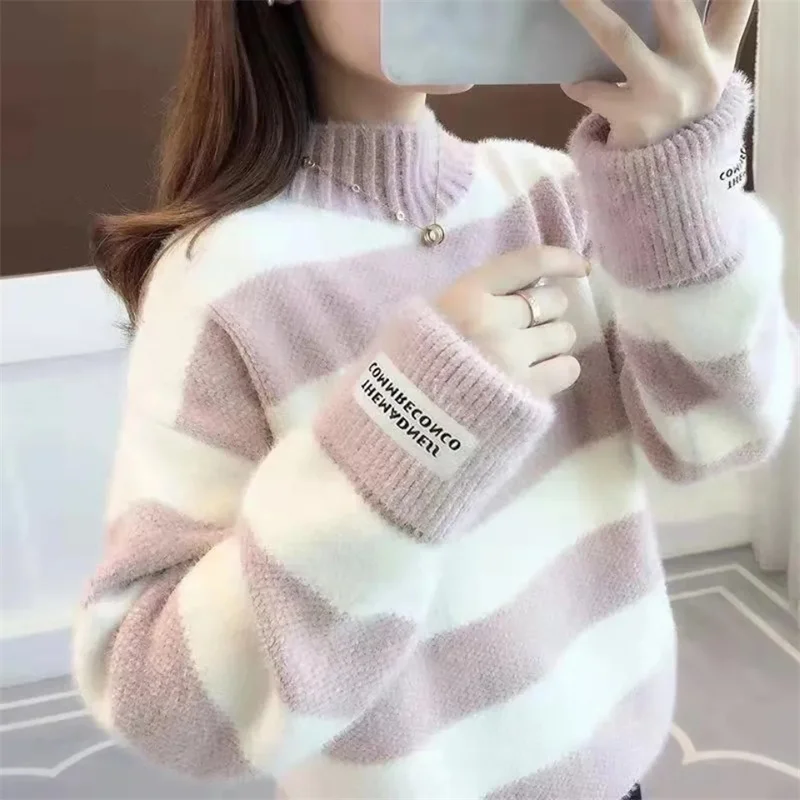 Women Pullover Imitation Mink Knit Korean Lady Half High Collar Long Sleeved Knitwear Autumn Winter Female Large Size 4XLSweater