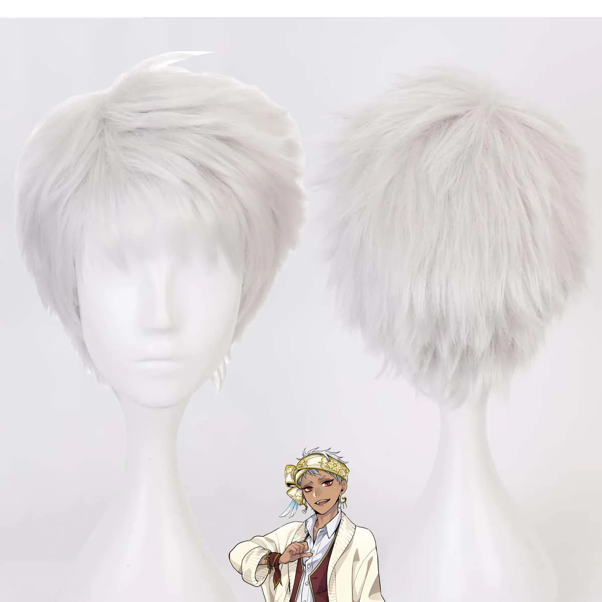 Synthetische Hochtemperatur-Garn-Party-Performance-Twisted-Wonderland-Charakter-Cosplay-Perücke Karim Asim Weiß