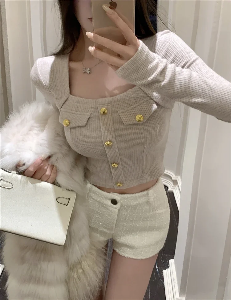 Black Cropped Cardigan Square Collar Long Sleeve Tunic Sueter Mujer Fashion Temperament Knitted Sexy Sweater Tops Pull Femme