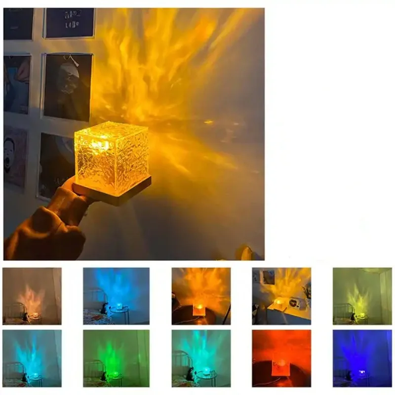 LED Flame Projector LightCreative Bedside Flame Atmosphere Lamp Rotating Water Pattern Table Lamp Bedroom Decorative Night Light