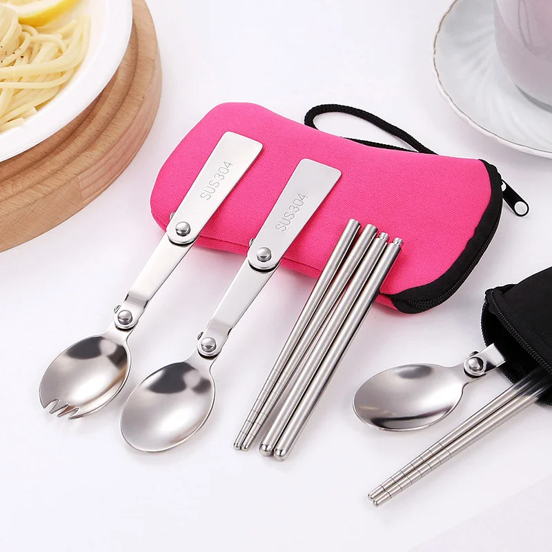 

2/3Pcs Foldable Cutlery Set with Bag Portable Stainless Steel Folding Salad Spoon Knife Dinnerware Set Tableware for Travel Camp