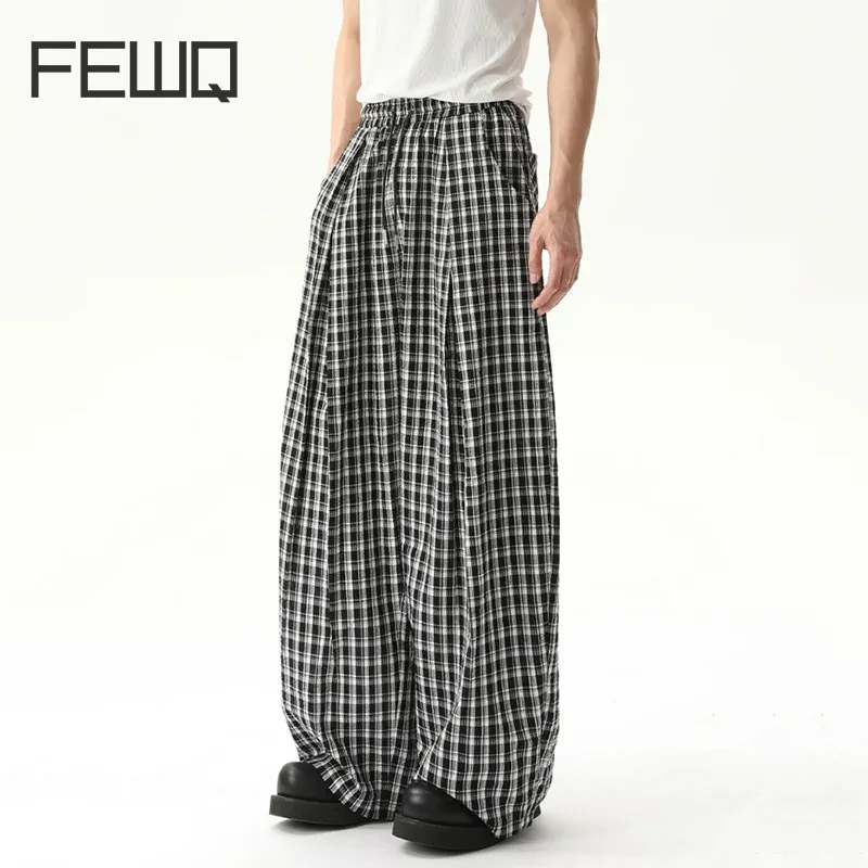 FEWQ Plaid Design Men's Casual Pants Pocket Niche Wide Leg Contrast Color Menswear Loose Straight Male Trousers Tide 24K4072 #1