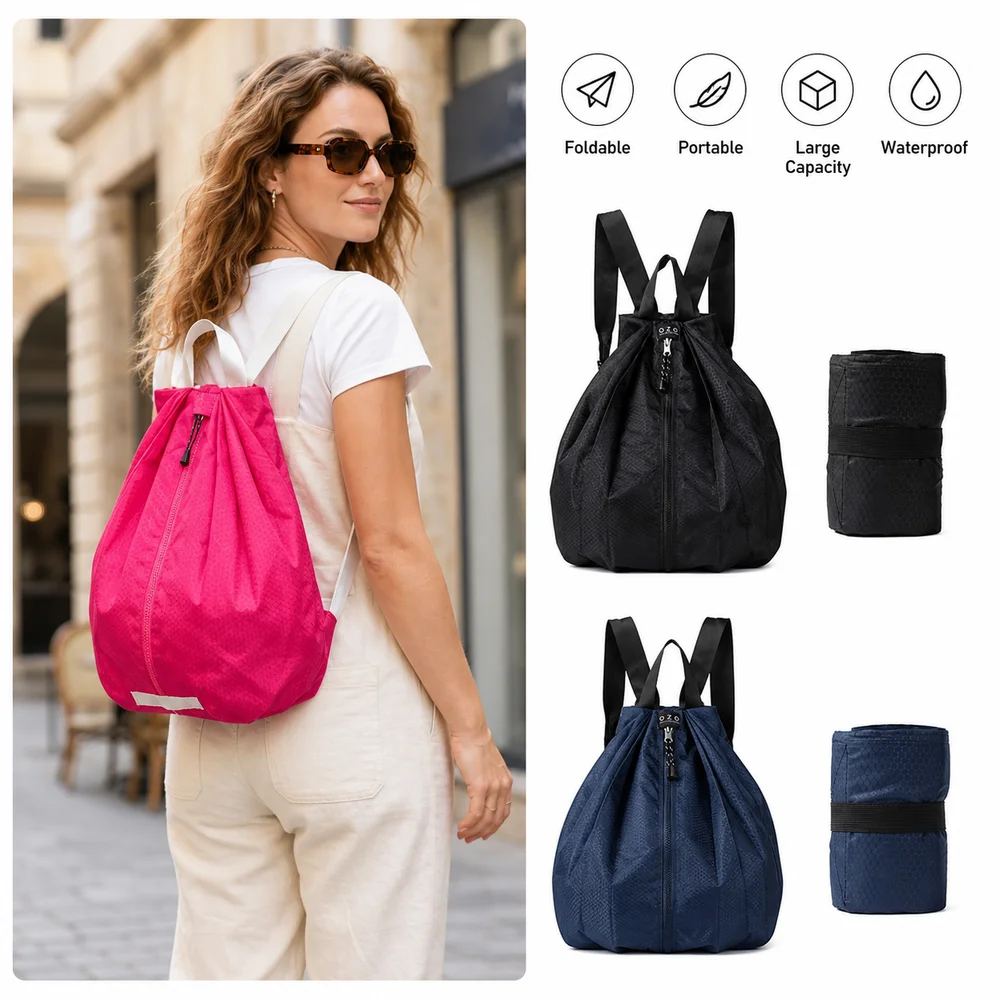 New Nylon Folding Backpack Waterproof Adjustable Straps Outdoor Backpack Portable Large Capacity Rucksack Camping