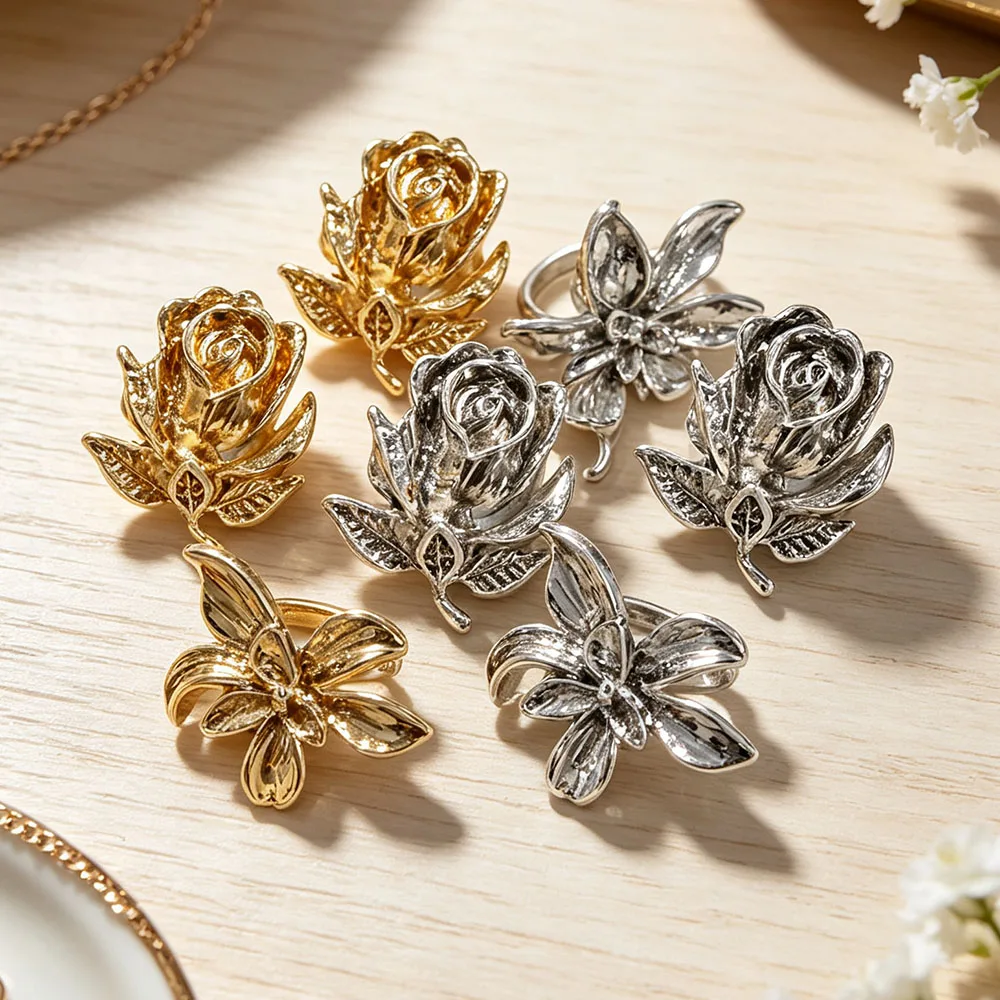1PCS Floral Scarf Buckle with Rose Lily Flower Pendants Gold/Silver Loop Clip for Women Shawl Wrap Bandana DIY Craft Accessory