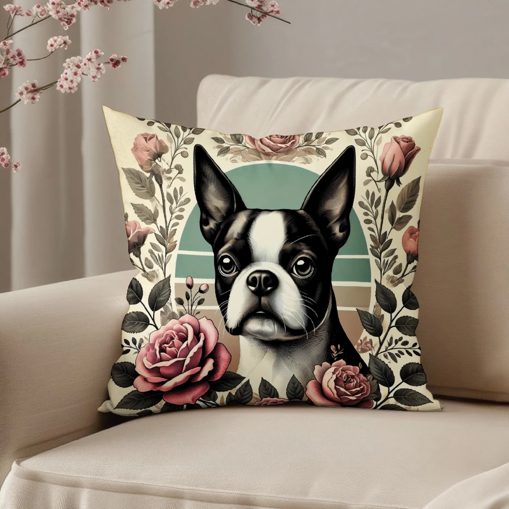 Square Throw Pillow Case Beige Boston Terrier Dog With Vintage Roses Floral Frame Print For Living Room Sofa Bedroom Home Decor
