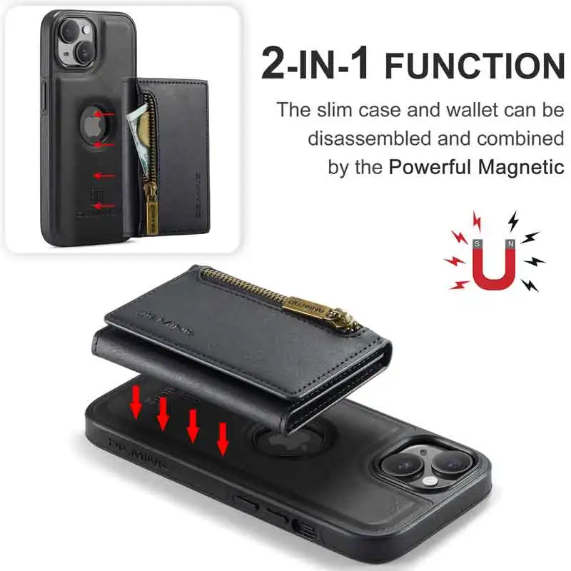 Magnetic Detachable Wallet Case For Iphone11 11pro 12pro 12promax 13 13pro 13promax 14 14plus 14pro 14promax 15 15plus 15promax