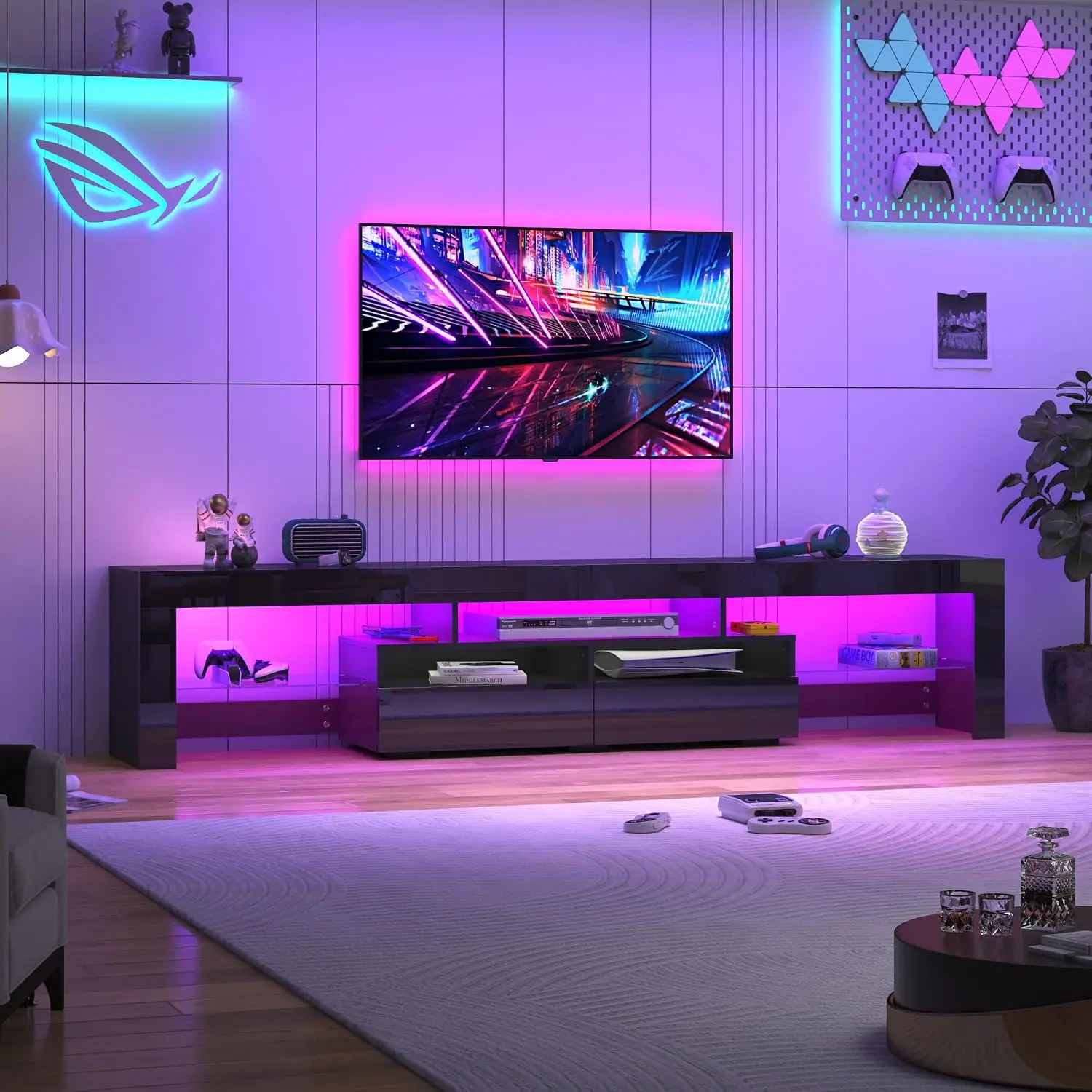86.6in TV Stands for 85/90/95 inch TV,Modern LED TV Stand for Living Room,Black TV Stands,High Gloss TV, Customized