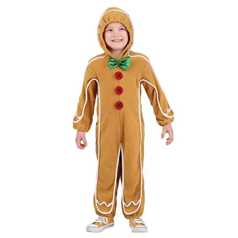 Kids Gingerbread Man Cosplay Jumpsuit Hooded Costume for Christmas Holiday Halloween Party Role‑Play Fancy Dress Outfit