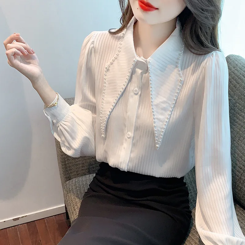 #2552 White Pink Long Sleeve Shirts Women France Style Ladies Tops And Blouses Pearls Vertrical Striped Shirts Female Autumn