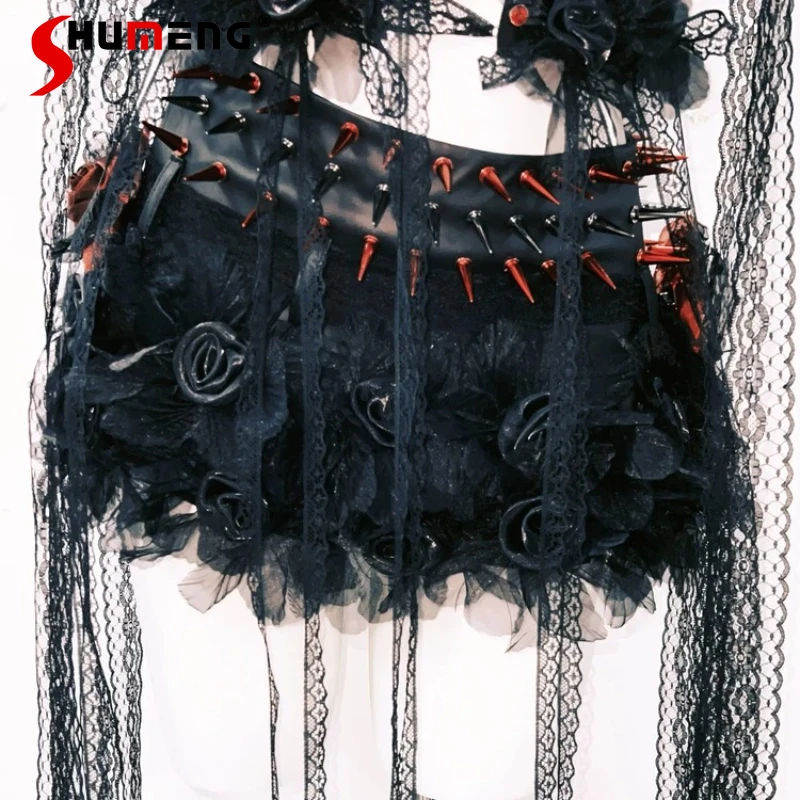

Dark Black Gothic Style Sexy Soft Girl Outfits Stage Performance Music Festival Outfit Red Rivet Jazz Dance Vest Short Skirt Set