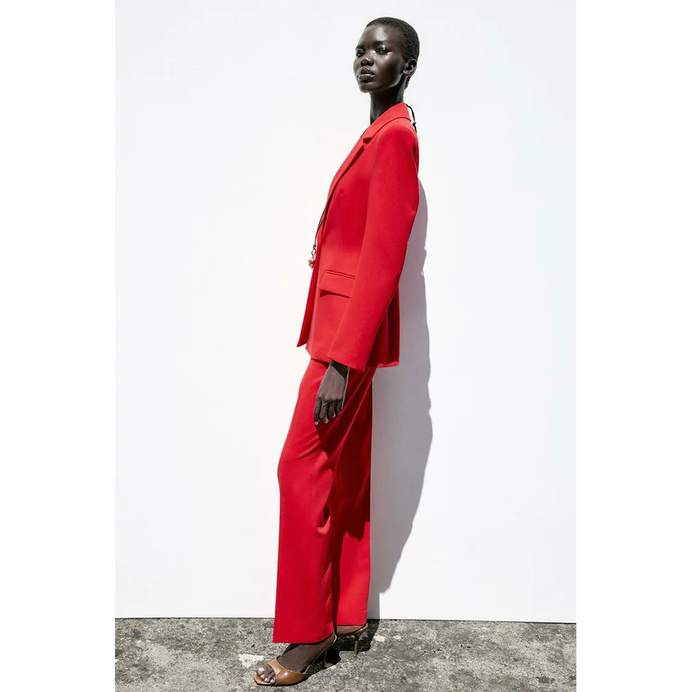 우아한 레드 여성 투피스 수트 세트 원버튼 슬림 재킷 스트레이트 팬츠 세트 오피스 비즈니스 연회 여성 의류