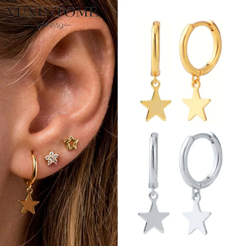 

925 Sterling Silver Ear Needle Simple Classic Gold Hoop Earrings Star Shaped Pendant Retro Earrings for Women Jewelry Gift Party