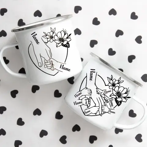 Custom 1-6 Flowers Hands Mom/Grandma and Childs Mug - Personalized Enamel Mug, Mother's Day Gift, Camper Gift for Mom, Mom Cups