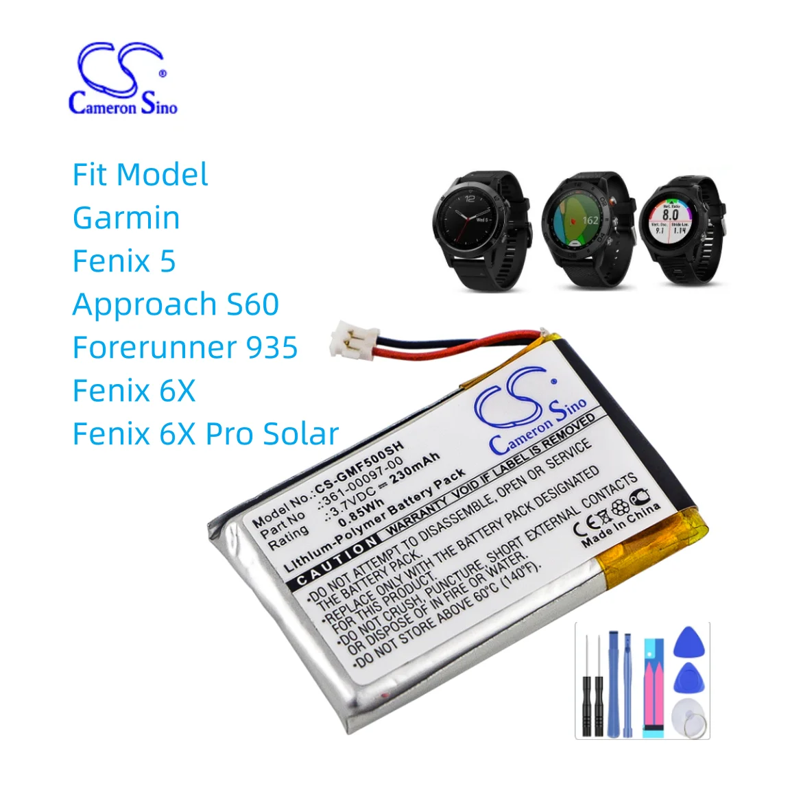

Smartwatch Battery For Garmin:Fenix 5,Approach S60,Forerunner 935,361-00097-00,--230mAh / 0.85Wh--Li-Polymer--3.70V