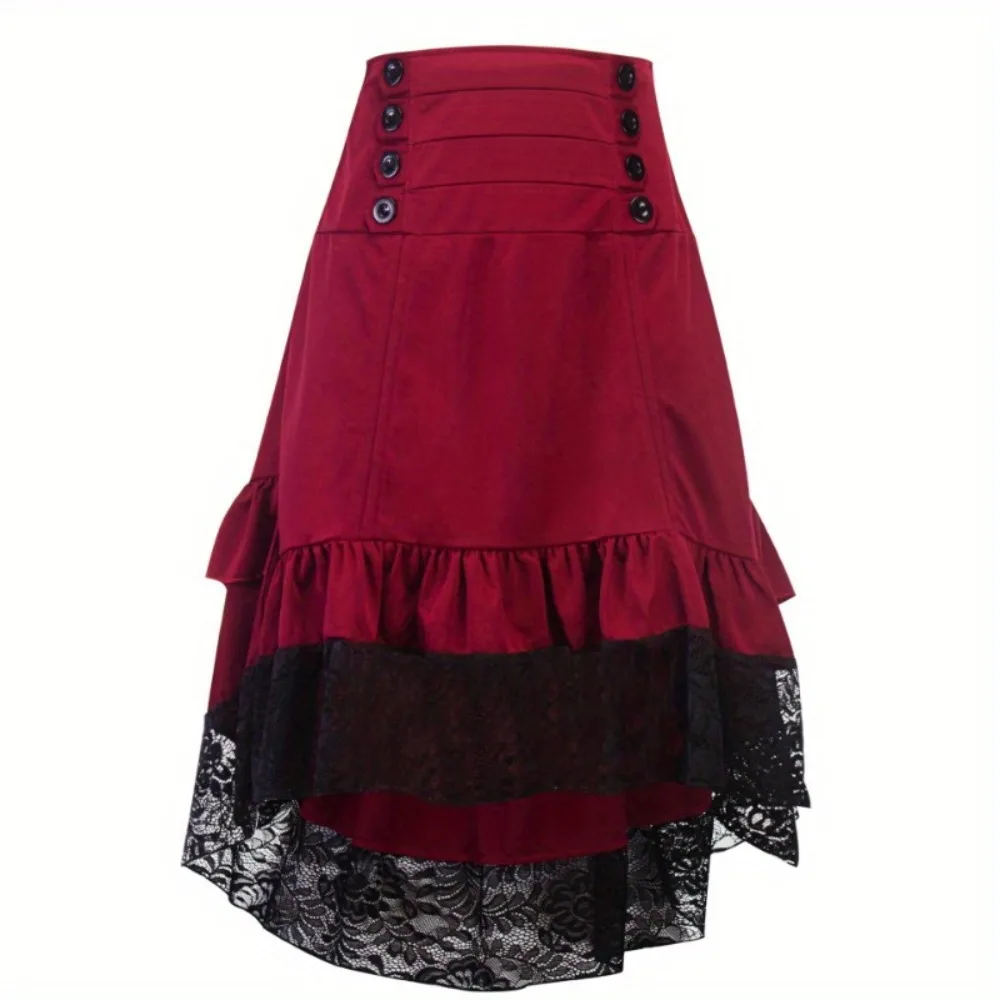 Gothic Lolita Skirt - Victorian Vintage Half Skirt for Women, Elegant High Waist Ruffled A-Line Dress with Lace Trim