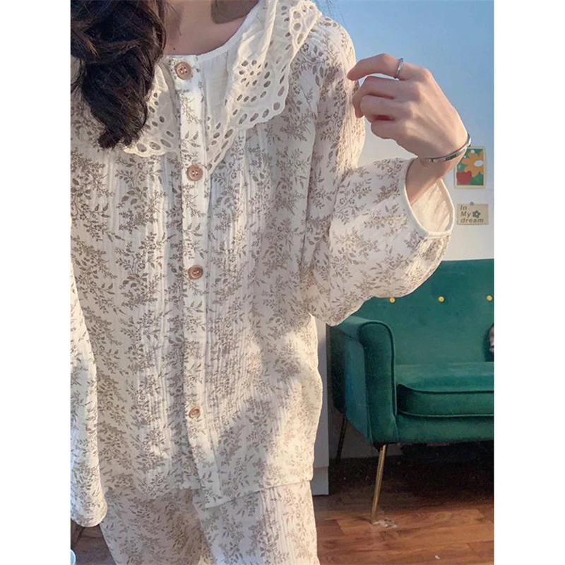 Floral Print Sleepwear Women Pajama Sets Lace Piiama Korean Pants Sets for Women 2 Pieces Button Night Wears Autumn Home Suit