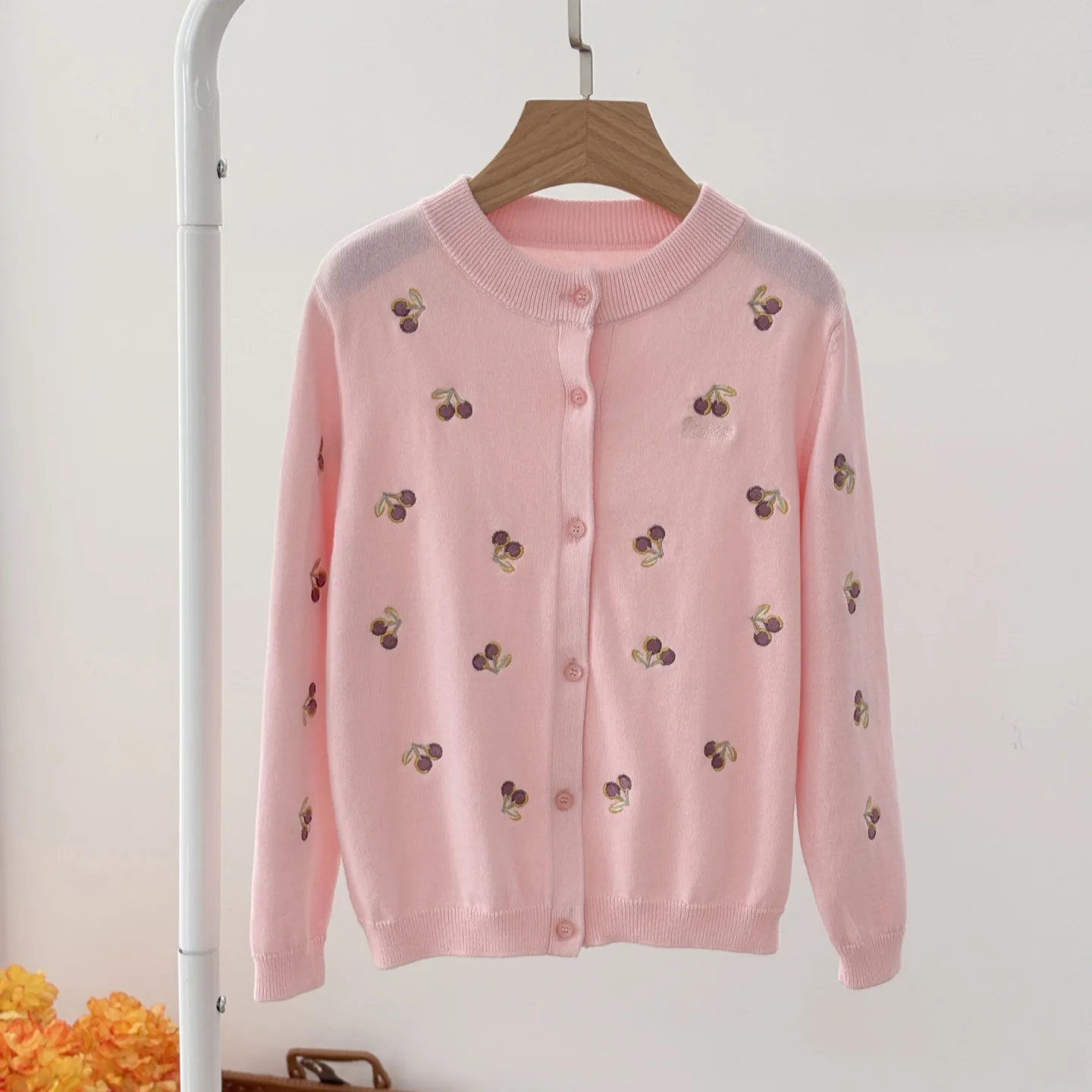 

25 Autumn Girls Pink Sweater Children's Cardigan Cherry Round Neck Cotton Long-sleeved Knitted Sweater