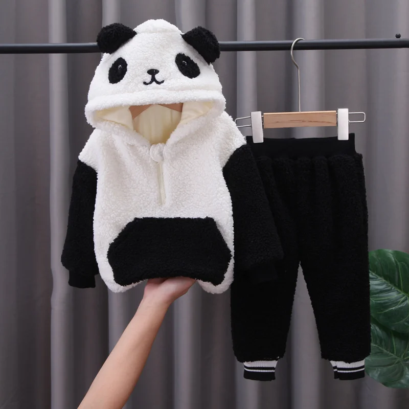 Fashion Lamb Wool Clothes Suit Baby Girls Boys Fleece Padded Coats+Pants 2Pcs Kids Panda Cartoon Outfits Children Clothing Sets