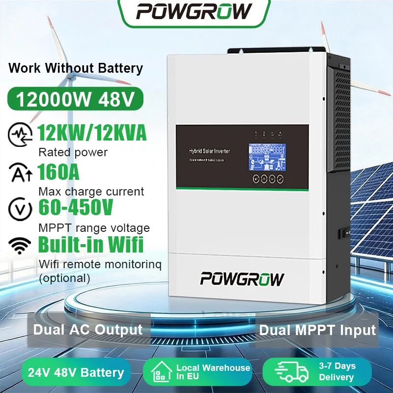 POWGROW 12KW 6.5KW 5KW 3.6KW Solar Hybride MPPT Omvormer 24V 48V 220V Max 500V PV Ingang Solar Batterijlader Met BMS Bescherming Voor Residentieel Off-Grid Zonnesysteem