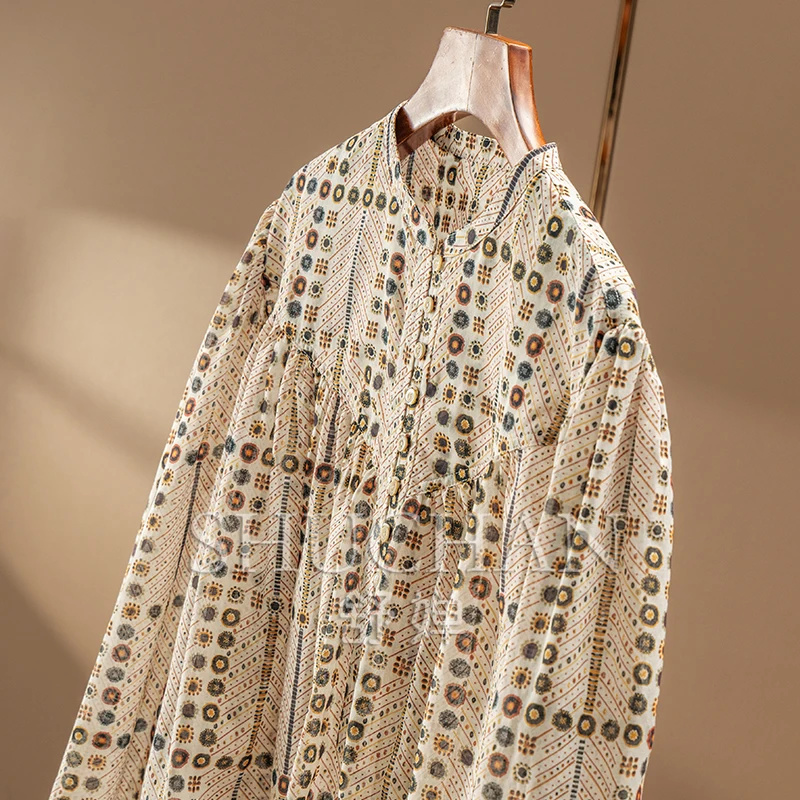 New French Lazy Court Style, Design 100 High-count Cotton Printed Pleated Long-sleeved Shirt and Blouse Women 1Y41