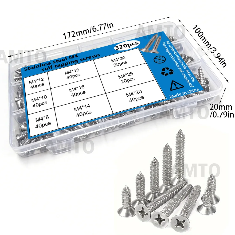 M4 Stainless Steel Self-Tapping Screws, 320 Pieces, 8mm, 10mm, 12mm, 14mm, 16mm, 18mm, 20mm, 25mm, 30mm