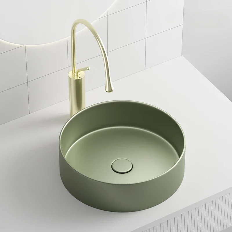 Round art basin light luxury metal texture olive green platform basin hotel ceramic basin household small size