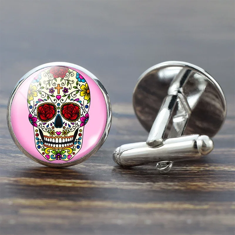 Skull Cufflinks for Men Suit Shirt Best Man Cufflinks Set Sugar Skull Jewelry Glass Cabochon Cuff Links Fashion Gifts
