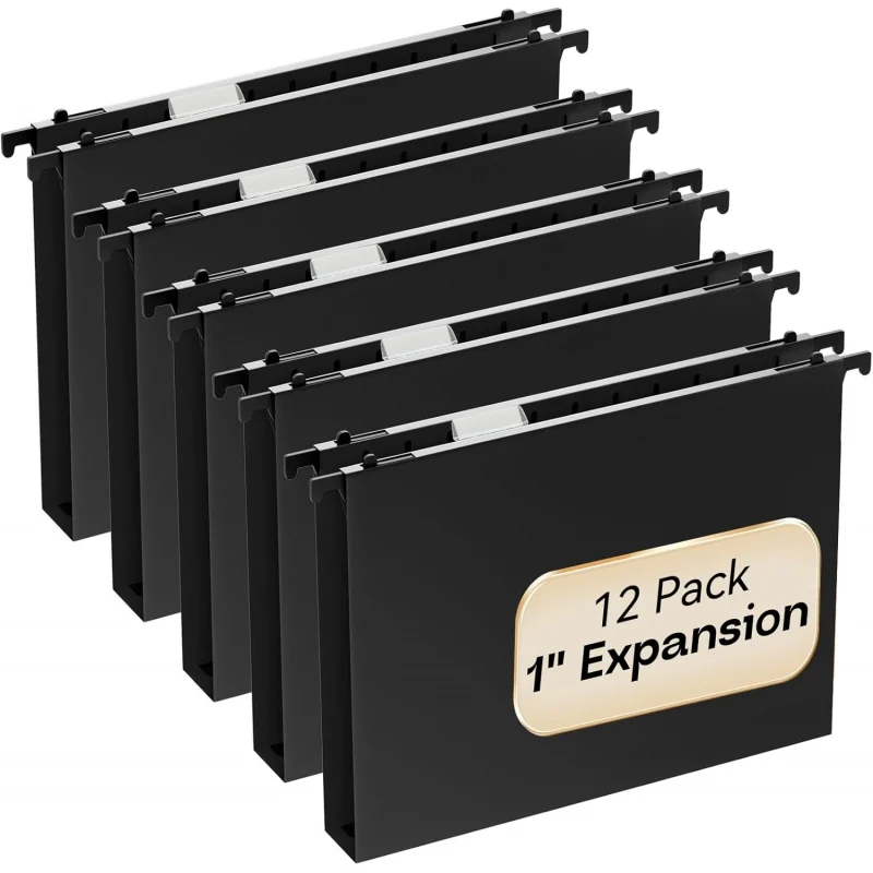 Plastic Hanging File Folders Letter Size,1 Inch Expansion,12 Reinforced Black with Heavy Duty,