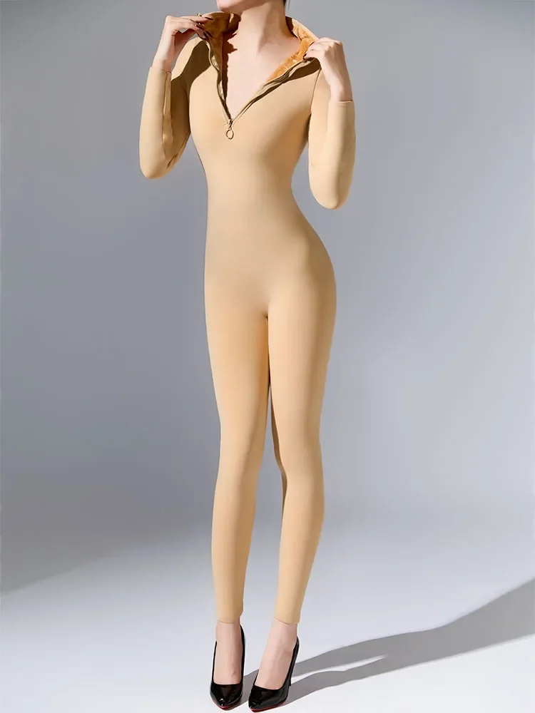 Sexy WOmen Fleece 600G Thick Warm Wear Bodystocking High Collar Close Open Crotch Bodysuit Tights Maid Leotard Jumpsuit