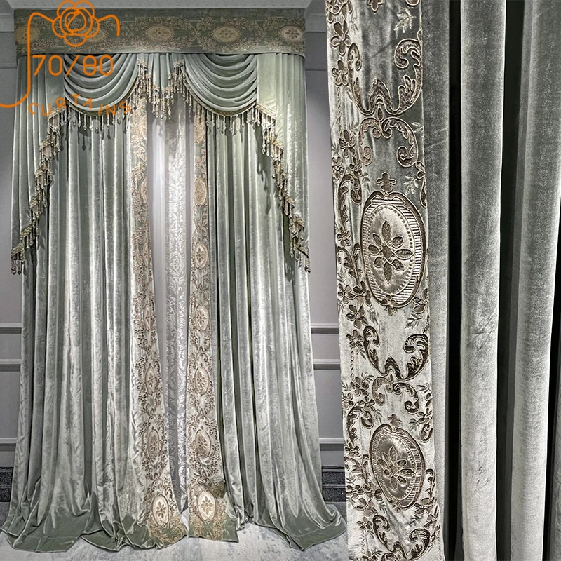 Court Romantic Style Grey Green Velvet Embroidered Curtains for Bedroom Living Room High Window French Window Villa Custom