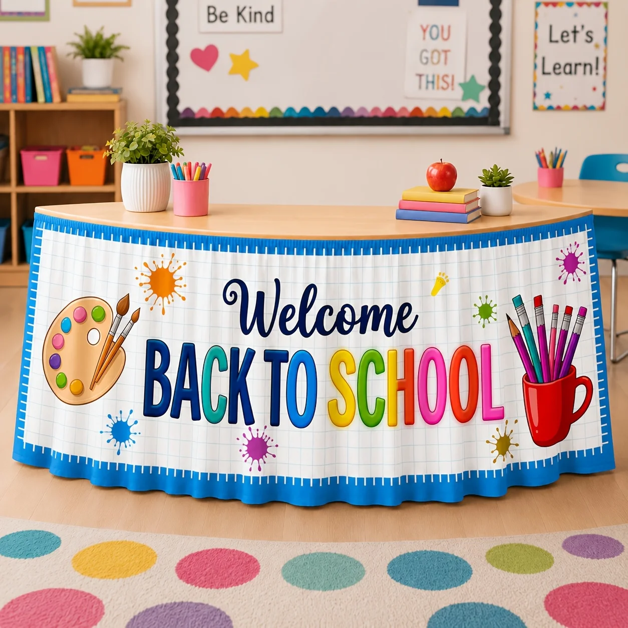 Party table skirt, 1-piece set, Back-to-School Welcome Color Pencil Palette, suitable for classroom partieszyc