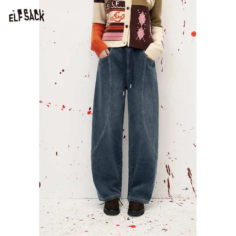 ELFSACK Women's Vintage Loose Wide Leg Jeans with Stitch Detail, Retro Casual Denim Pants, Daily Comfy Trousers