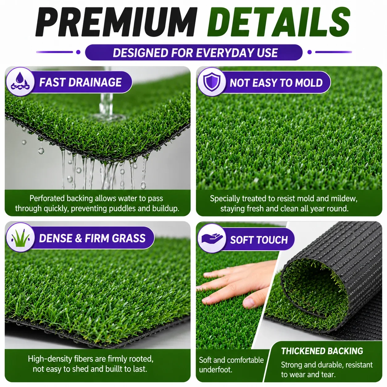 15mm Artificial Grass Turf Mat Thick Realistic Fake Lawn Rug Drainage Synthetic Grass for Garden Patio Balcony Dogs Pets Outdoor