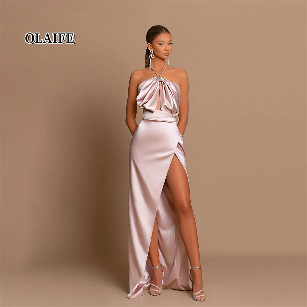 فساتين حفلة موسيقية أنيقة وردية اللون ، فساتين حفلة موسيقية رسمية بلا أكمام ، فتحة جانبية بدون حمالة ، فستان سهرة طويل بطيات #2