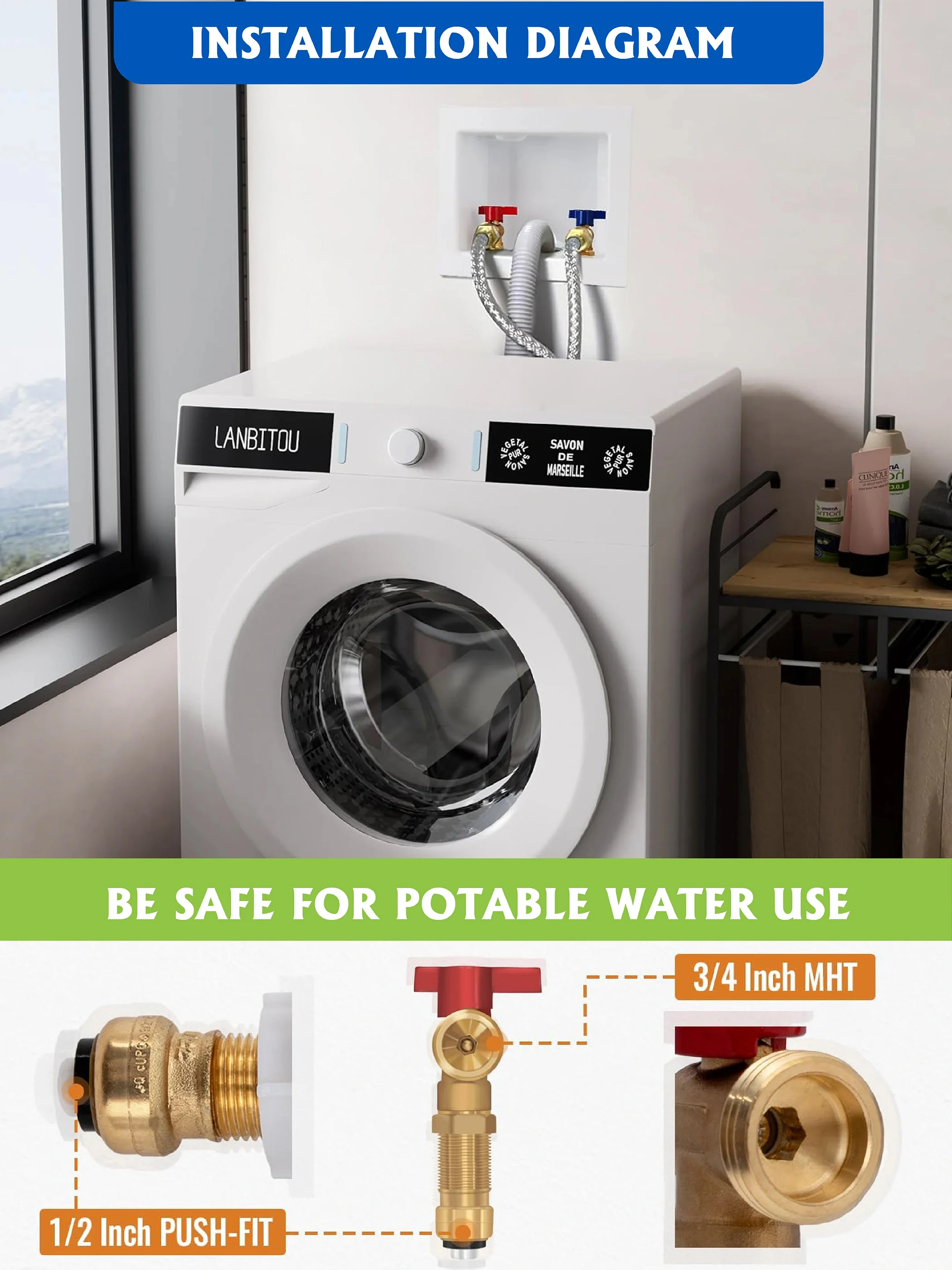 صندوق مخرج الغسالة KING SMART؛ توصيل مناسب للدفع 1/2 بوصة، مخرج MHT مقاس 3/4 بوصة، 1/4 دورة؛ 1 قطعة/علبة؛ 81212