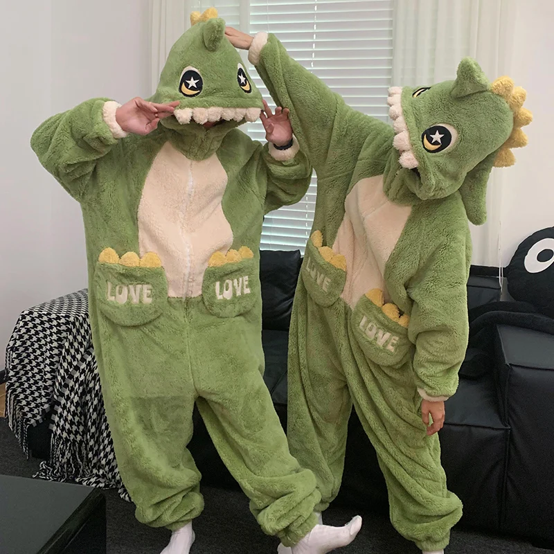 Kigurumis Dinosaur Women Men Pajamas Jumpsuits Sleepwear Winter Thicken Couples Hooded Pyjamas Velvet Zipper Onesie Soft Warm