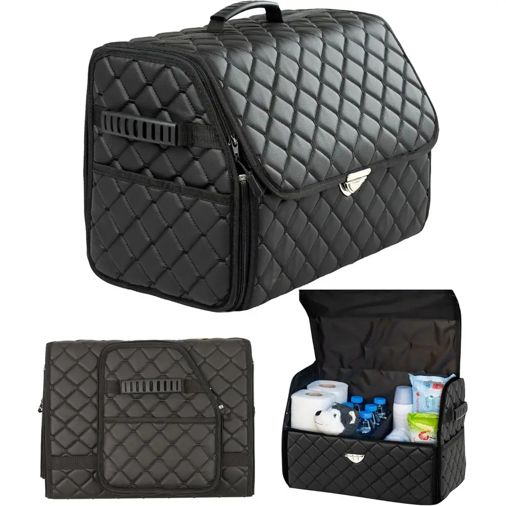 

Кожаный органайзер для багажника с крышкой, органайзер для внедорожника, автомобильные органайзеры и системы хранения с сетками, нескользящий дизайн (черный)