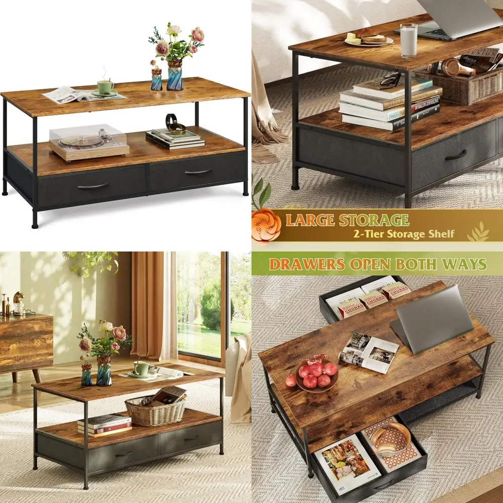 

WLIVE Coffee Table, 39 Coffee Table with Storage & Drawers, 2-Tier Wood Center Table for Living Room, Apartment, Bedroom, Metal