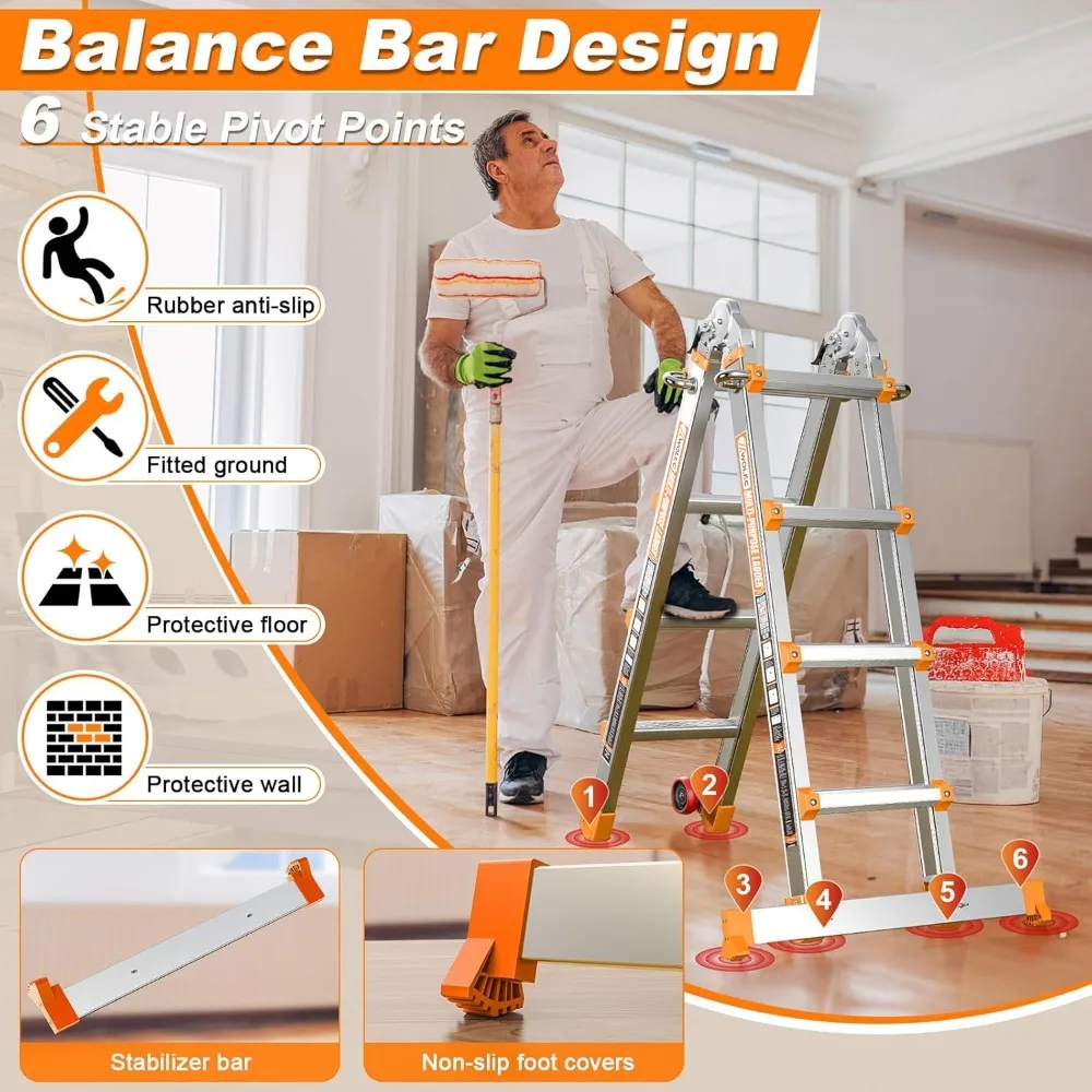 سلم تمديد قابل للطي بطول 14 قدمًا مع عجلات وقضيب تثبيت - سعة تحميل 330 رطل، سلم أمان متعدد المواضع #3