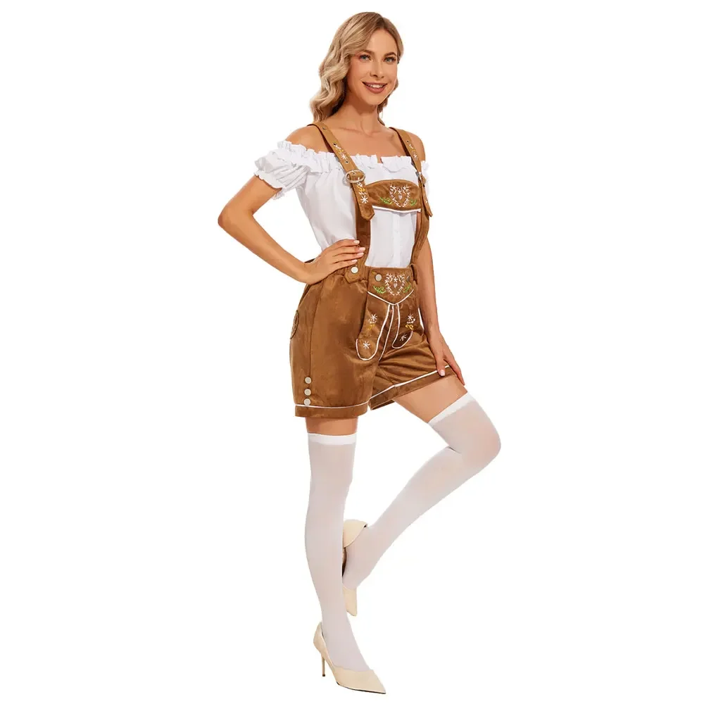 2025 femmes Lederhosen Oktoberfest Costume bavarois bretelles Lederhosen pantalon taverne barman serveuse tenue Cosplay 3 pièces ensemble